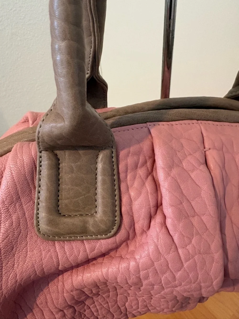 Dusty Pink Leather Hobo Handbag with Contrasting Taupe Handles